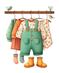 Adorable Baby Clothes Hanging on Wooden Rack with Birds, cut out, no background