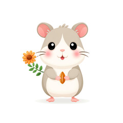 Adorable Cartoon Hamster Holding Seed and Flower on Transparent Background, cut out, no background