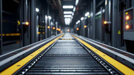 Obraz premium A under 200 characters: Modern automated conveyor system inside an industrial facility, featuring yellow safety markings, metal rails, and advanced machinery.