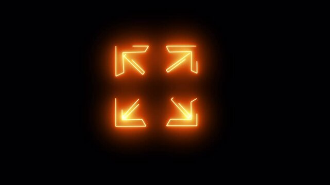 Glowiing neon directional arrow .Arrows of four directions, linear icon. Orange neon style on black background. Light icon