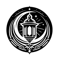 Black and White Islamic Emblem: Spiritual Lantern and Crescent Moon Design for Ramadan or Eid Celebration