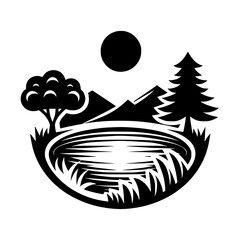 Simple Black and White Nature Landscape Graphic Silhouette with Lake, Mountains, and Trees