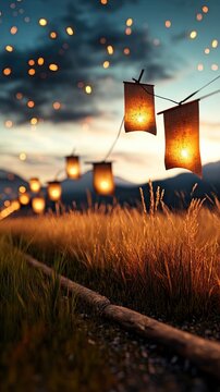 Honoring fallen soldiers with flags for national remembrance, respectful honoring fallen soldiers with flags for military tribute Twinkling lanterns illuminate a tranquil landscape