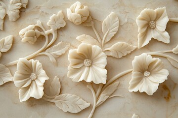 Intricate, carved floral design on a light beige stone surface.
