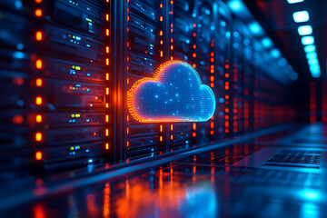 Cloud computing technology with server racks data center and neon cloud icon