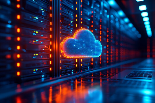 Cloud computing technology with server racks data center and neon cloud icon