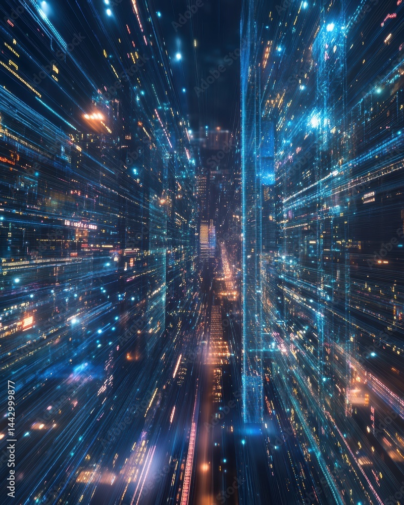 Aufkleber energetic abstract perspective view of data corridor network bright illuminated futuristic cityscape