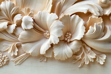 Intricate wood carvings depicting flowing floral designs.