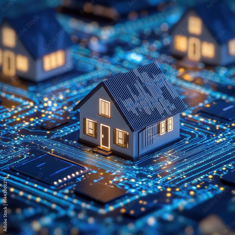 Poster futuristic smart home network on digital circuit board a vision of technological integration connect