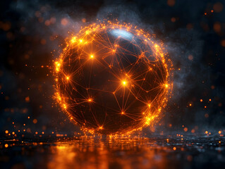 Glowing sphere of interconnected lines and points hovers above a reflective surface in a dark smoky environment