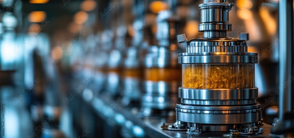 Poster high-tech industrial manufacturing process: close-up of automated machinery in a modern factory sett