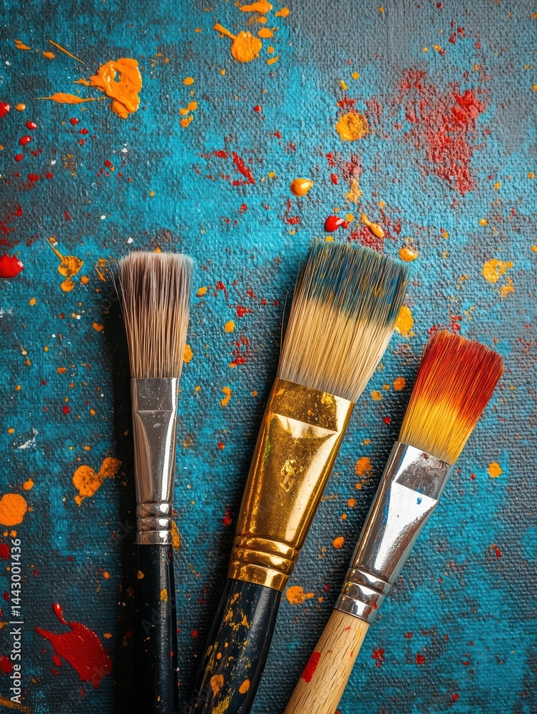 Poster artistic canvas background with brushes in vibrant orange and cyan paint splatters on a textured sur