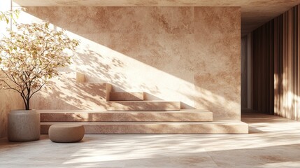 Interior design featuring sunlit steps and a potted tree.