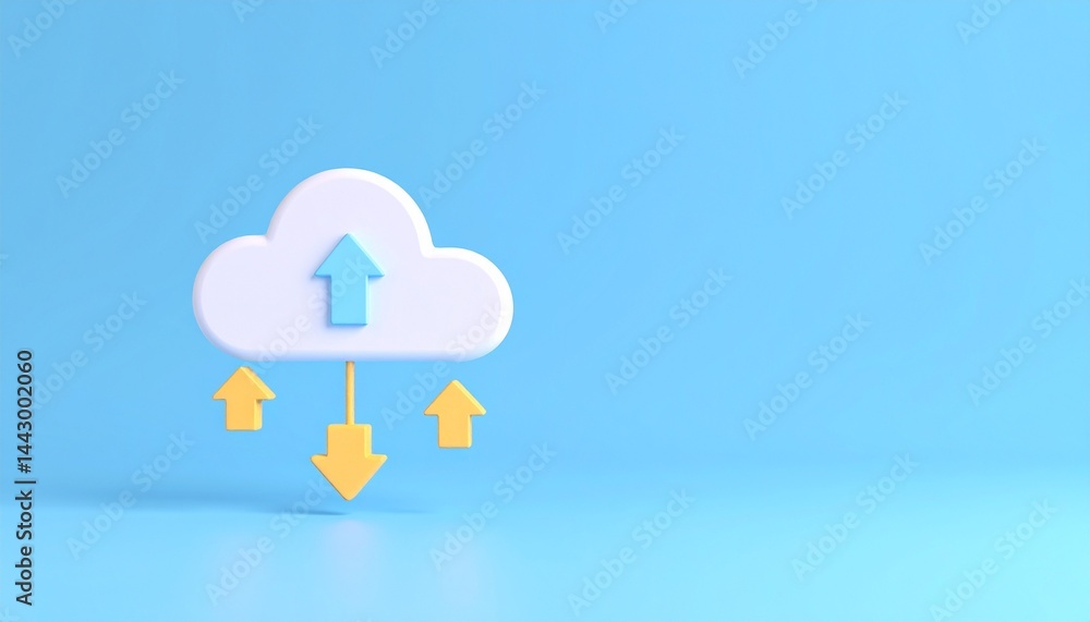 Poster cloud computing platform cost efficiency concept. cloud icon with upload and download arrows on blue