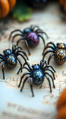 Fototapeta premium Halloween Four painted spiders with pumpkins sit atop a vintage parchment sheet with sketched lines