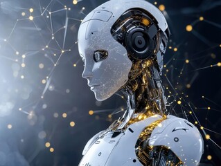 Elegant humanoid robot in a futuristic setting with interconnected network light points side view