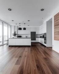 Fototapeta premium Contemporary kitchen interior with island and wooden floor bright open modern design minimal style neutral tones