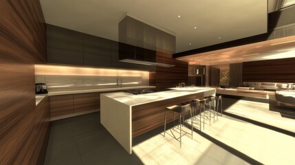 Modern Kitchen Interior Design with Wood Accents Elegant Lighting and Minimalist Style Focus on Island