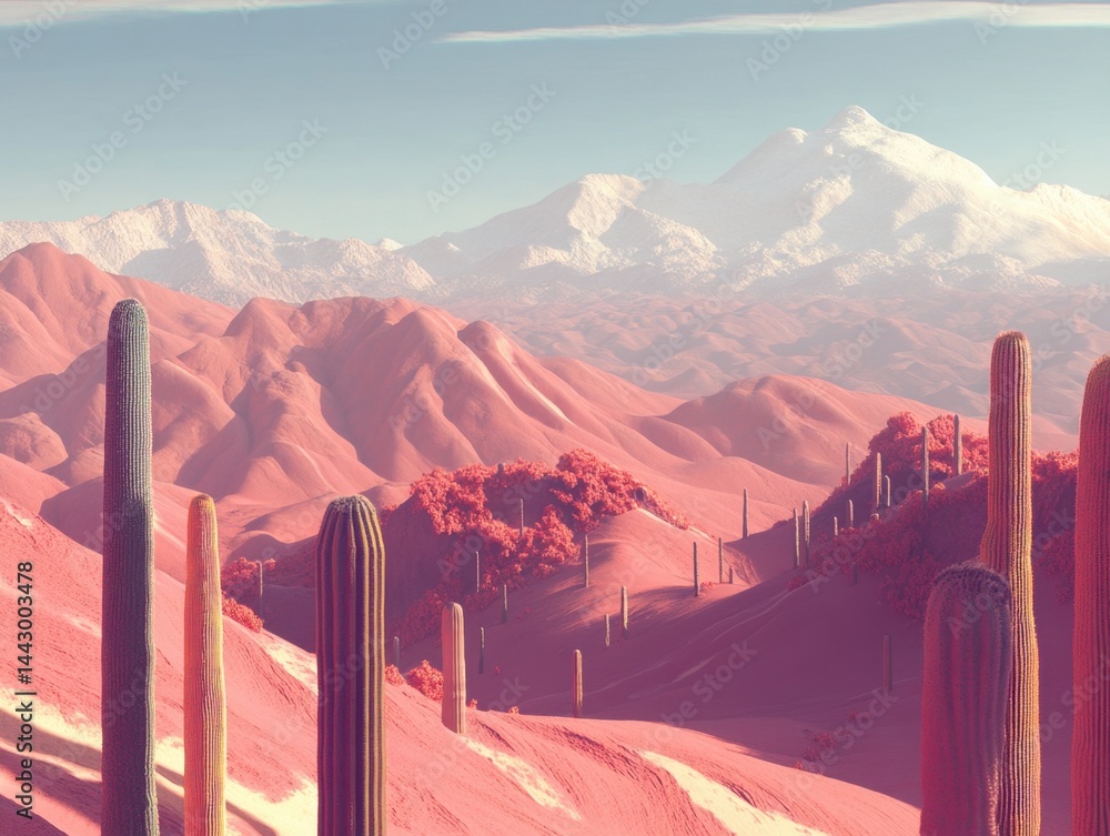 Poster serene desert landscape with cacti and mountains under a soft pastel sky creating a tranquil and dre