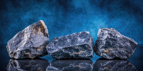 Three gray stones on a dark surface.