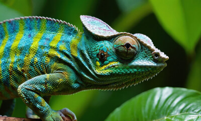 Obraz premium A green and yellow chameleon perched on a branch, its vibrant colors standing out in the natural environment