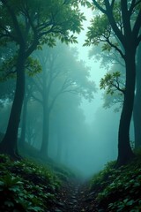 Obraz premium The canopy above is hidden in thick mist and fog, foggy, foliage