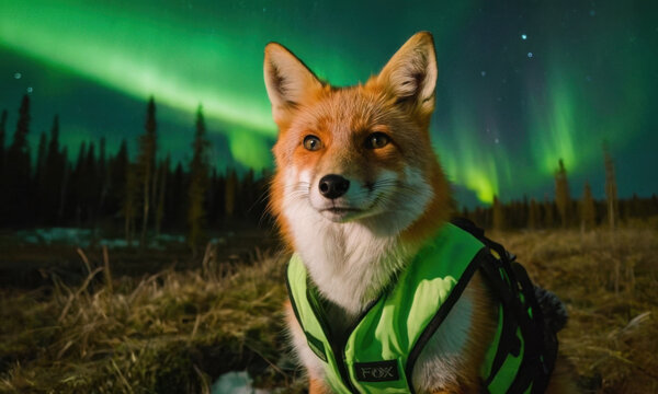 A red fox wearing a green vest looks directly at the camera