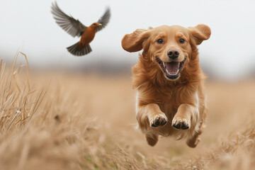 Dog running in field, bird flying background.