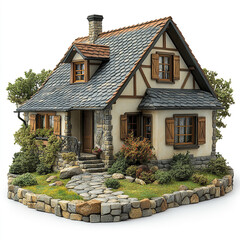 charming model house with stone pathway and lush greenery, evoking cozy atmosphere