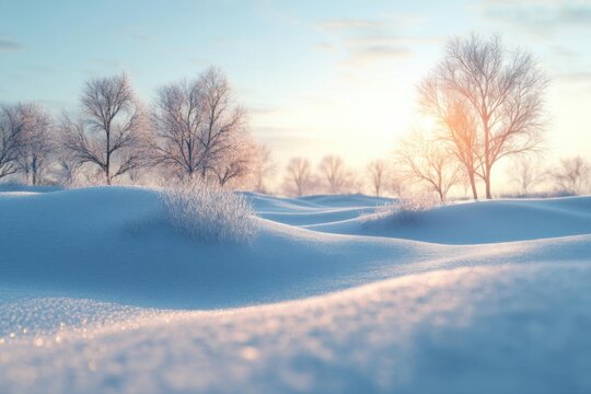 Snowy sunrise winter landscape.