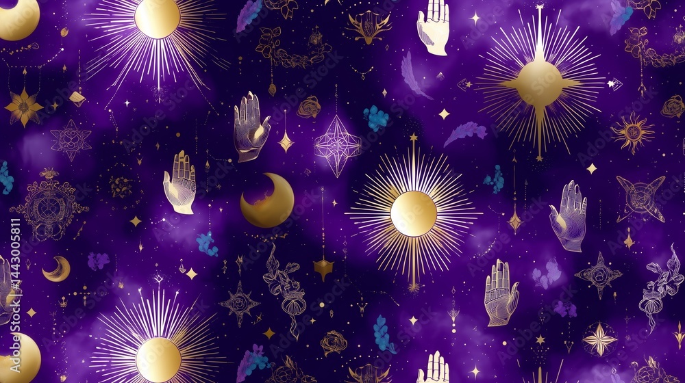 Poster decorative pattern featuring celestial elements and mystical symbols on a deep purple background