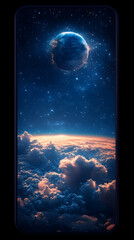 A view of planet Earth from space with a cloudscape below and stars in the background