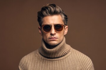 Somber man wearing sunglasses in a stylish turtleneck against a brown background  