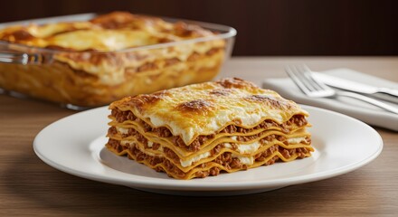 A close-up shot of a plate of classic Lasagna, showing layers of pasta, ragu, bechamel, and cheese, with a golden-brown baked top.