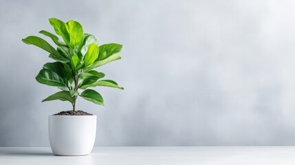 Obraz premium A lush green potted plant sitting on a white surface against a soft grey background, minimalist indoor decor with natural elements, and serene and tranquil setting.