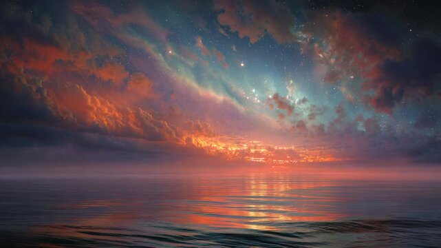 Vibrant sunset over a calm ocean, with a colorful sky filled with stars and clouds reflecting on the water. Dreamlike atmosphere.