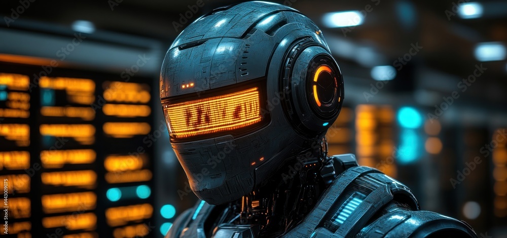 Poster cybernetic sentinel: a futuristic robot stands guard in a data center, its visor glowing with digita