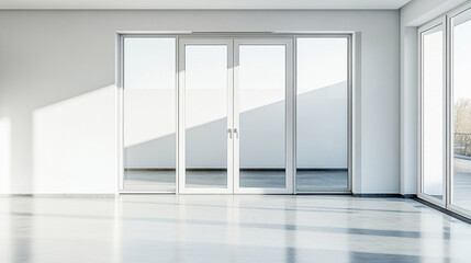 Fototapeta premium Front facing sliding glass doors, white aluminum frame on a white background.