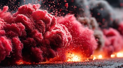 Dramatic explosion of red powder with fiery sparks and dark smoke clouds