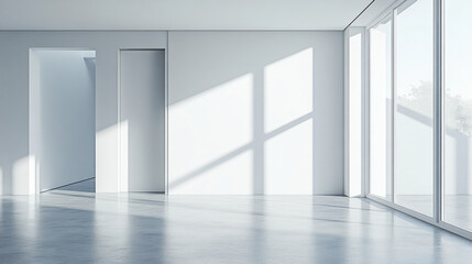 Obraz premium White empty room with white flat walls without textures, white floor and window, 3D illustration 