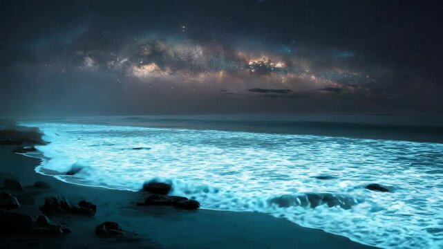 Glowing blue waves illuminate a dark beach under a starry night sky, the Milky Way visible above. Dark rocks and sand border the ocean. Serene and mystical atmosphere.