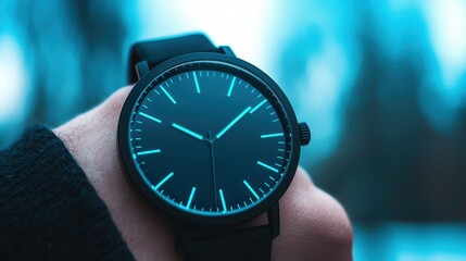 Black watch in motion, captured as a person fastens the strap in a dynamic and elegant shot.