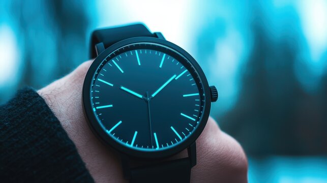 Black watch in motion, captured as a person fastens the strap in a dynamic and elegant shot.