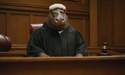 Naklejka premium A hippopotamus wearing a judge's robe sits in a courtroom, with a gavel and papers on the desk