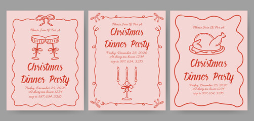 Christmas dinner party invitation card with hand drawn coquette frame and glasses for festive dinners, cocktail parties and holiday gatherings.	