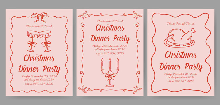 Christmas dinner party invitation card with hand drawn coquette frame and glasses for festive dinners, cocktail parties and holiday gatherings.	