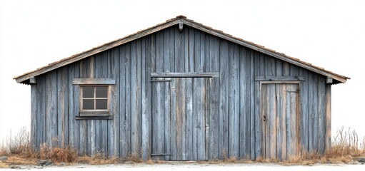 Rustic Wooden Shed: A Gray Weathered Barn Isolated on White Background