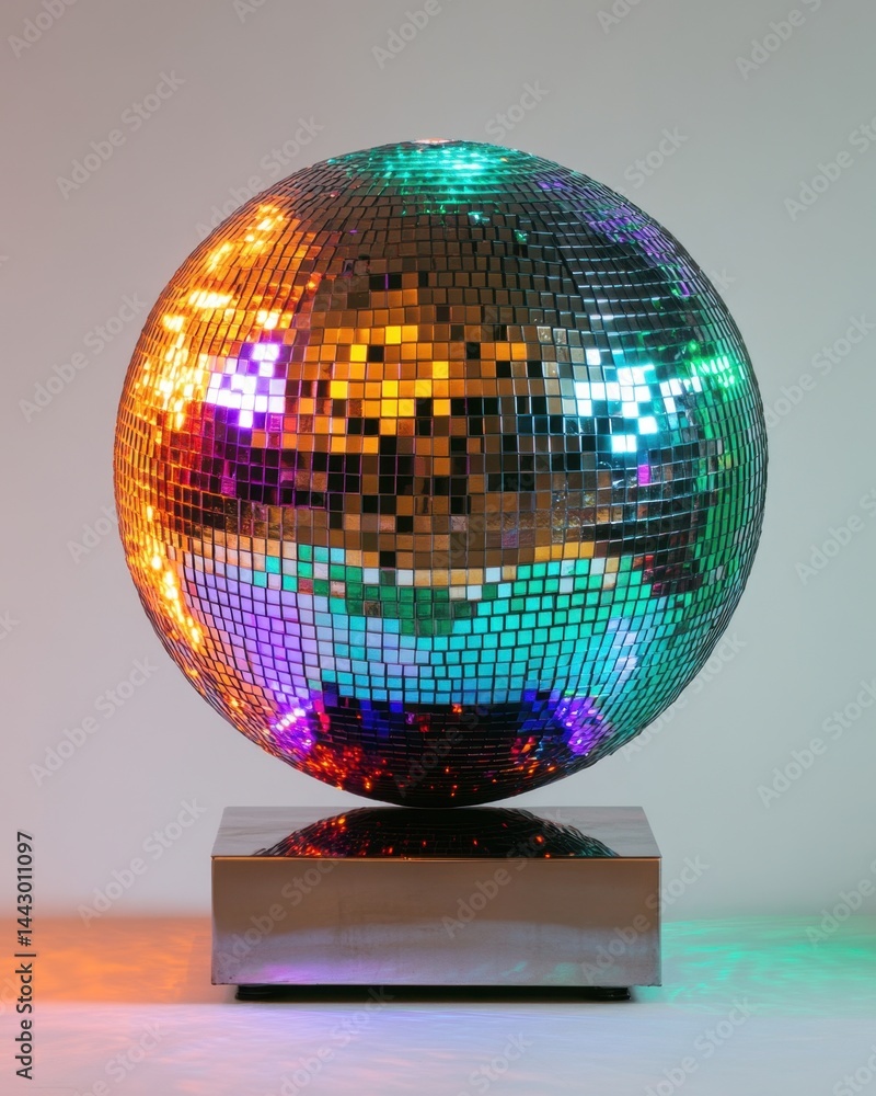Poster spherical disco ball casting colorful light reflections on a shiny metal base creating a vibrant atm