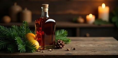 Whisky bottle on rustic wooden table with candles and evergreen branches, cozy atmosphere, candlelight