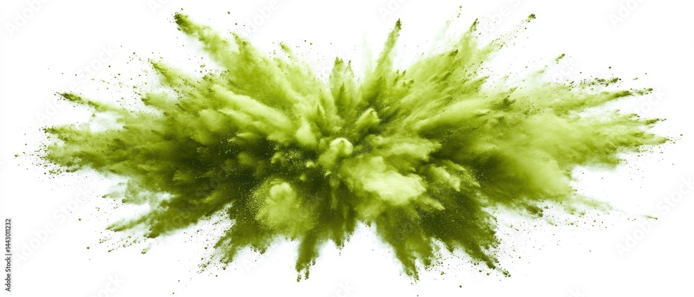 Poster explosive burst of vibrant green powder against a clean white background creating a dynamic and ener